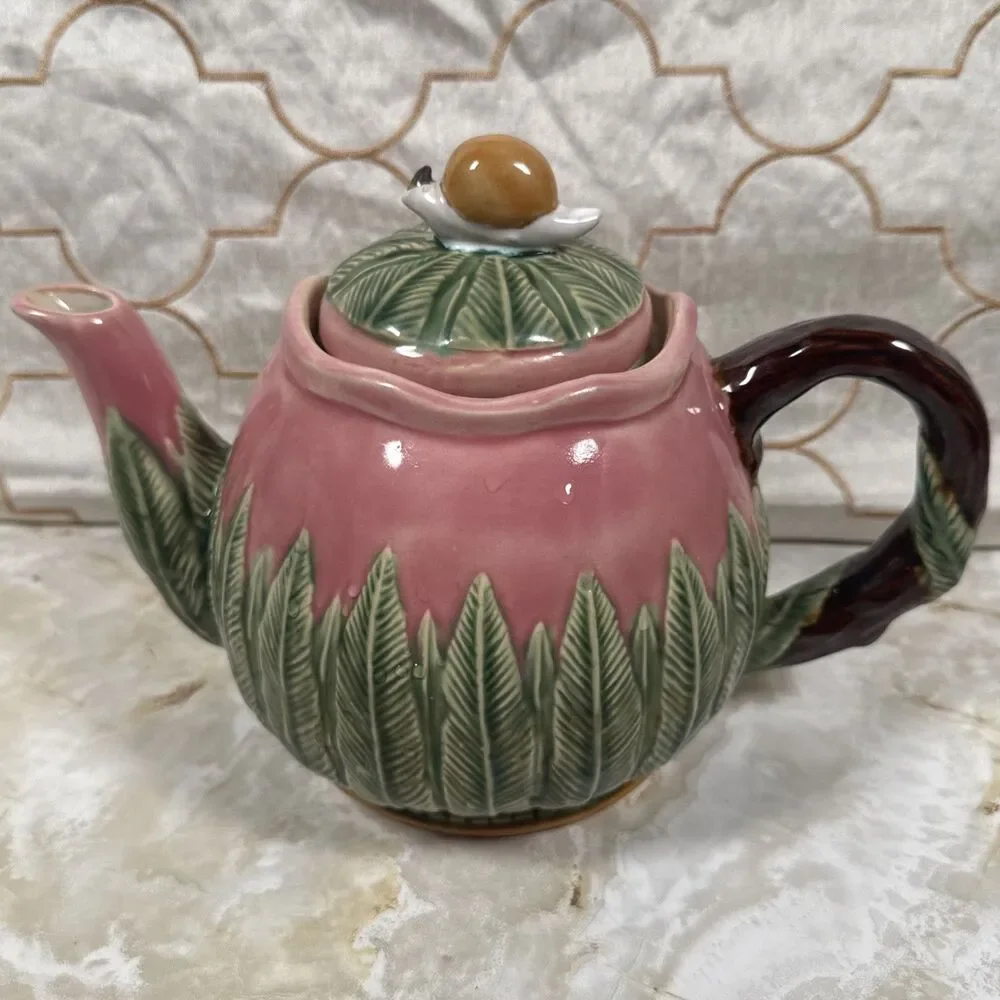 Nouveau Majolica Teapot Pink with Green Leaves Snail on Lid